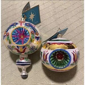 2 Christopher Radko Fantasia 20th Anniversary Glass Ornament Teardrop Peppermint